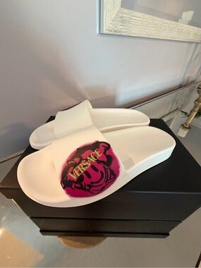 Versace White Slide Sandals with Pink and Black Medusa Graphic